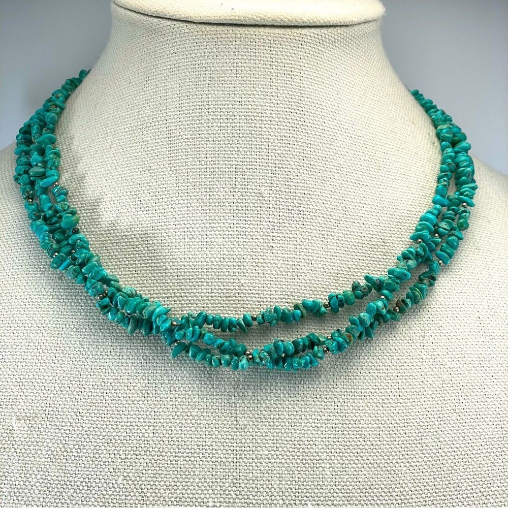 925 Sterling Silver Unsigned Turquoise Nugget Chip 3 Layer Necklace Gemstone